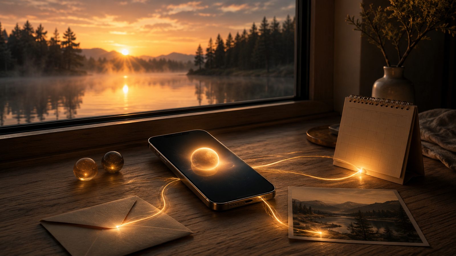 A smartphone rests on a wooden windowsill at sunrise over a misty lake and evergreens; its screen glows with a single soft orb, two dimmer amber orbs sit beside it, and thin trails of light link the phone to an envelope, a printed photo, and a small desk calendar.